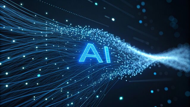 &ldquo;AI&rdquo; text with flowing data streams on dark black background, representing agentic AI, business automation workflows, digital transformation innovation concept