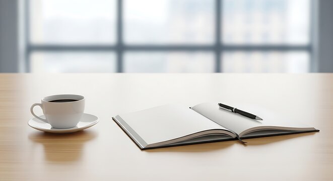 A cup of coffee and an open notebook on a desk