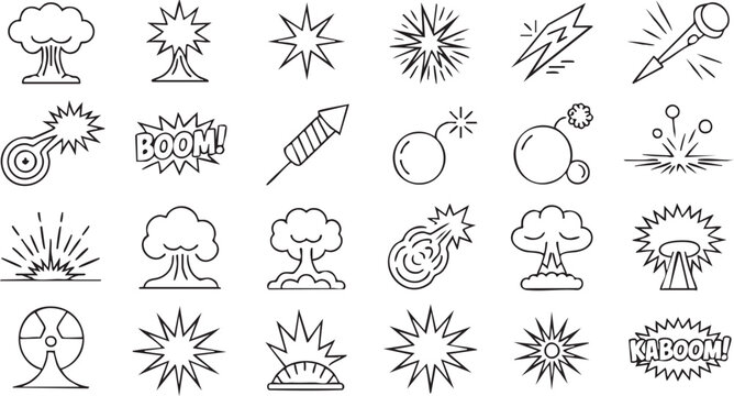 Comic explosion icons collection with kaboom blast and firework effects for graphics