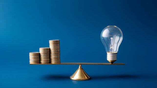 economic balance, supply chain energy, Energy Supply, Balancing Coins and Light Bulb Symbolizes Financial Innovation and Ideas on a Scale Against Blue Background