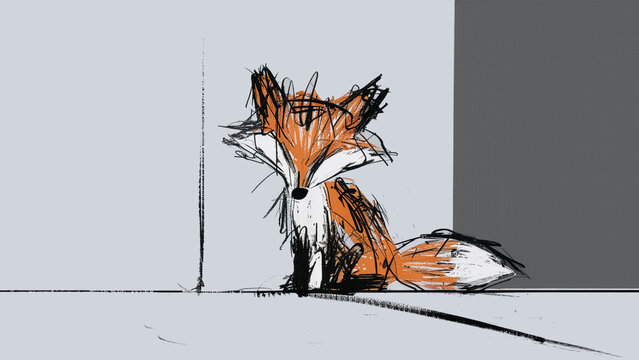 Sketchy illustration of a red fox sitting in a minimalist interior with a gray background.
