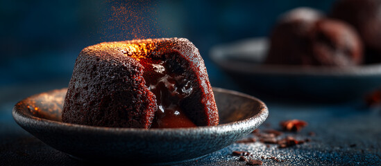 chocolate lava cake in a bowl contemporary concept with glowbacklight