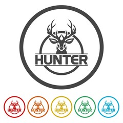 Fototapeta premium Deer hunter logo design. Set icons in color circle buttons