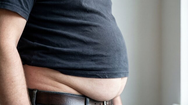 Overweight man with a large belly, side view, showing excess abdominal fat.