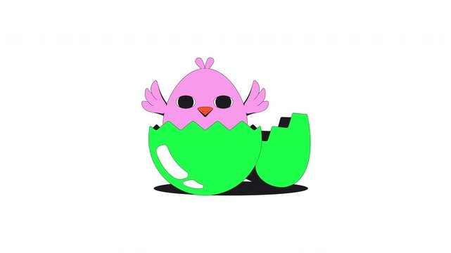 Cute pink chick emerging from cracked green eggshell 2D character animation. Newborn animal. Quirky groovy baby bird flapping tiny wings animated personage cartoon 4K video isolated on transparent