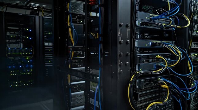 Server room network hardware with blinking lights and cables storage data center racks server, rack, switches.