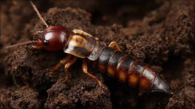Close-up view of a brown and black earwig insect with prominent cerci, resting on soil.