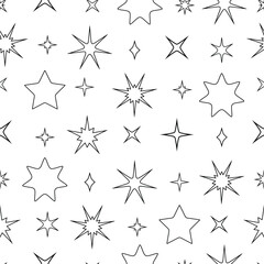 Obraz premium Seamless pattern with black and white outline stars creating a simple and minimalist design on a white background, ideal for backgrounds, textiles, wrapping paper