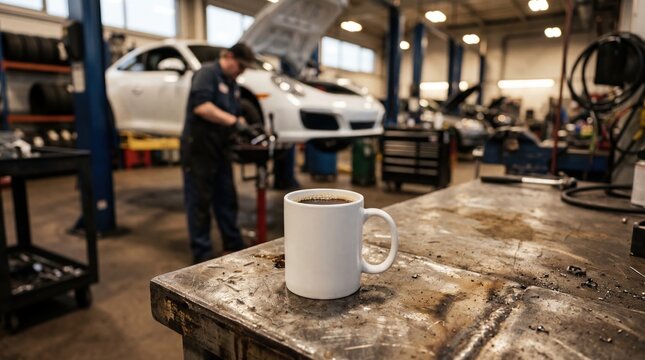 White coffee mug mockup on gritty metal workbench in auto garage, blurred mechanic repairing car in background, workshop break time, industrial, morning, automotive service, repair shop
