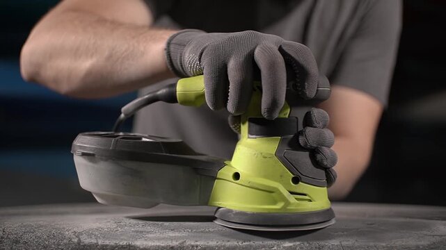 Boat repair. Sanding tool. Carbon fiber. Slow motion video. High quality 4k footage