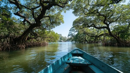 Fototapeta premium Electric boat gliding through mangrove forest, wildlife spotting, pristine waterways --ar 16:9 --quality 4 --v 7 Job ID: ba3a7981-01df-43b6-847a-f7cf18254034