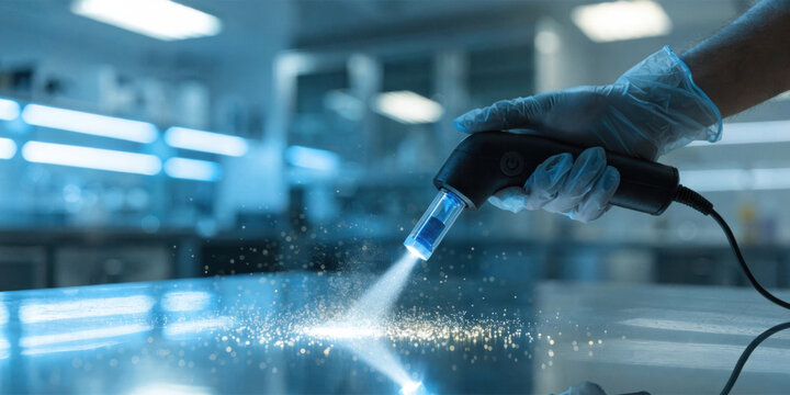 Biotechnology handheld sterilizer spraying fine mist over glass surface in clinical laboratory