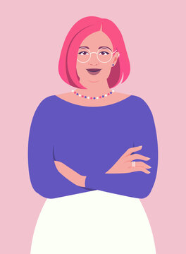 Modern flat vector portrait of a confident woman with pink hair and glasses, standing with her arms crossed against a pastel pink background. Body positivity, inclusive representation, feminism