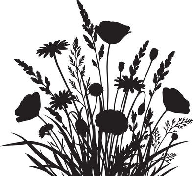 Black floral silhouettes, wildflower grass bunch, dark botanical vector, illustration