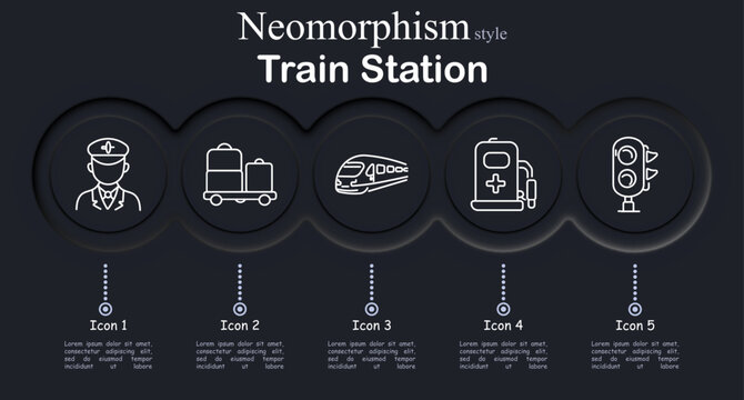 Train station set icon. Neomorphic circular interface line icons with railway conductor uniform portrait, luggage suitcase cart, high speed train front view, medical first aid kit