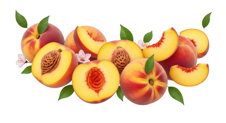 Naklejka premium A pile of sliced and whole peaches with leaves and flowers