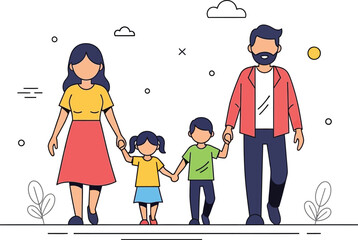 Fototapeta premium Family of four walks together holding hands across a simple, stylized.