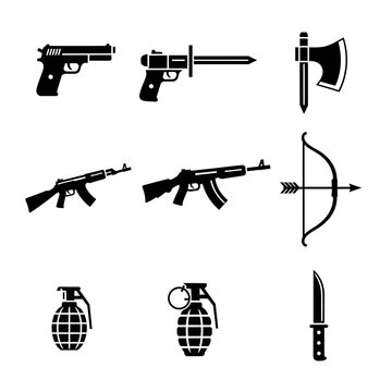Collection of Vector Icons: Firearms, Melee Weapons, and Grenades