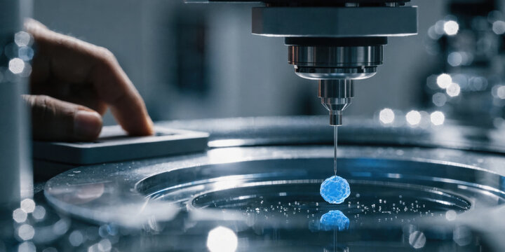 Biotechnology lab instrument manipulating microscopic cell with precision and focused lighting