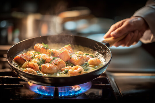 Chef's hand using a flambe technique on scallops in a creamy sauce
