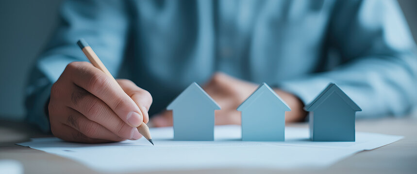 Hand close-up with pencil writing contract, three tiny blue house models on paper, a new home conceptual photo.