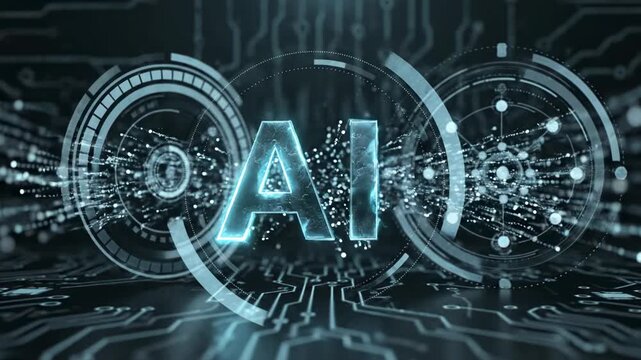 Futuristic digital display featuring glowing AI letters surrounded by dynamic particle effects and circular technology elements on a dark circuit board background
