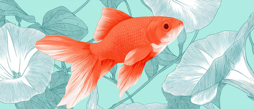 An orange goldfish with detailed fins swims across a mint green background, interwoven with white and teal line-art morning glory flowers.