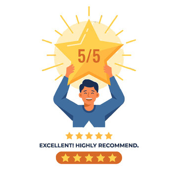 Man proudly holding a glowing 5/5 star rating, symbolizing excellent customer satisfaction and a highly recommended experience.