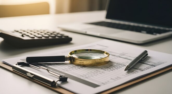 Analyzing financial documents with magnifying glass and calculator.