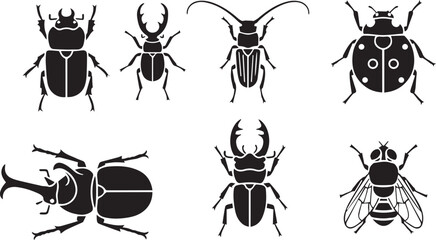 Insects and Beetles Silhouette Icon Set: Ladybug, Stag Beetle, Fly, and Rhino Beetle © Vector 4 You