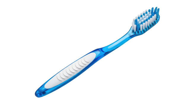 A blue and white toothbrush with white bristles