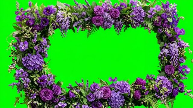 Elegant purple floral wreath frame with green screen background for creative use