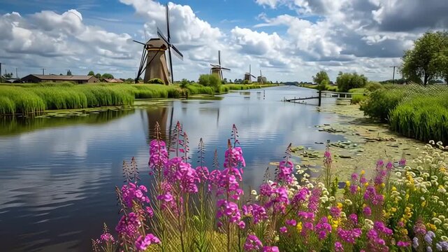 Dutch Windmills and Wildflowers by a Scenic Canal in Kinderdijk