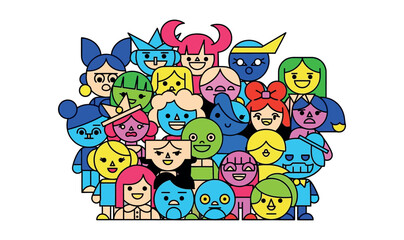 Obraz premium Colorful Diverse Cartoon Faces Crowd 2026: Vibrant Group of Unique Characters and Expressions – Minimalist Flat Vector Illustration for Community, Inclusion, and Modern Pop Art Designs