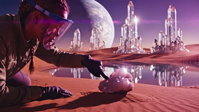 Female astronaut examines glowing crystal on alien planet. Astronaut touches crystal on red sand. Space explorer finds crystal on alien world. Large planet rises over futuristic alien landscape.