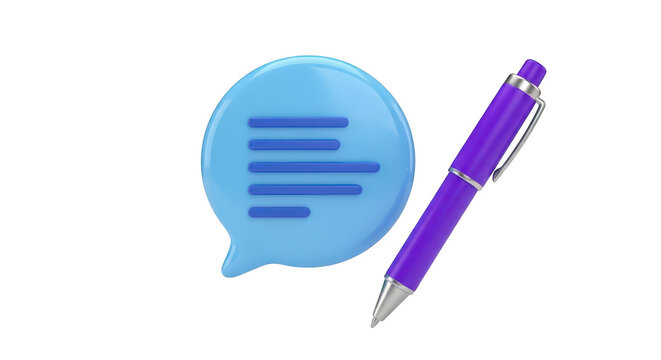 A blue speech bubble and a purple pen