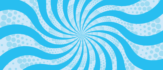 Retro blue background with vintage circus sunburst. Psychedelic colorful swirl poster, abstract pattern in 70s carnival style. Hypnotic sunburst vector illustration. © Olga Shulgina