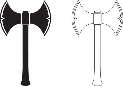 Battle Axe Icons, Double-Headed Axe Graphics, Black and White Vector Illustrations, Combat Tool Symbols