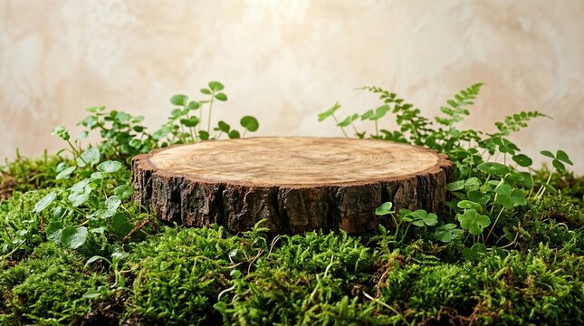 Fresh moss growing on cut tree stump in lush green forest environment