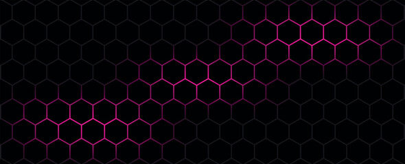 Dark hexagon abstract technology background with pink colored bright flashes under hexagon. Hexagonal gaming vector tech illustration black abstract background. © Febyola
