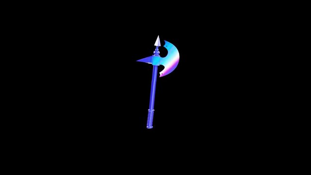 Medieval halberd weapon with a blue iridescent finish floating in a dark void creating a mystical fantasy aesthetic with sharp metallic edges and a spiked tip