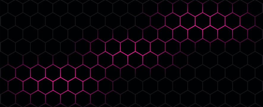 Dark hexagon abstract technology background with pink colored bright flashes under hexagon. Hexagonal gaming vector tech illustration black abstract background.