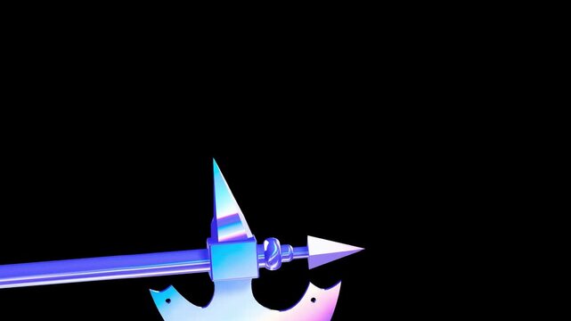 Extreme close up of a holographic medieval axe head featuring sharp points and a colorful metallic finish on a black background for fantasy gaming concepts