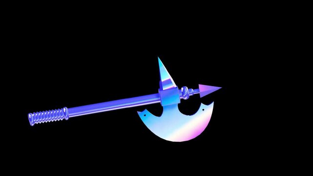 Close up view of an iridescent medieval halberd showing the detailed axe blade and spiked tip with a vibrant holographic sheen against a dark background