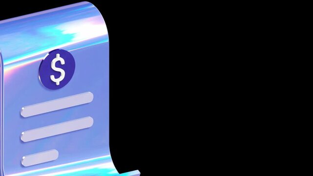 Financial document icon featuring a dollar sign coin on a holographic scrolling paper against a dark background for modern digital banking and fintech concepts