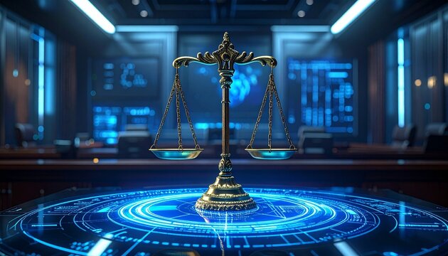 Golden balance scale glows within futuristic digital courtroom, symbolizing justice, fairness, and integrity; merging tradition with innovation, guiding humanity toward ethical order in a technologica