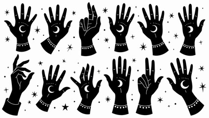 Fototapeta premium Set of mysterious black silhouette hand illustrations featuring esoteric celestial symbols for magical astrology concepts spiritual zen design and mystical graphics.