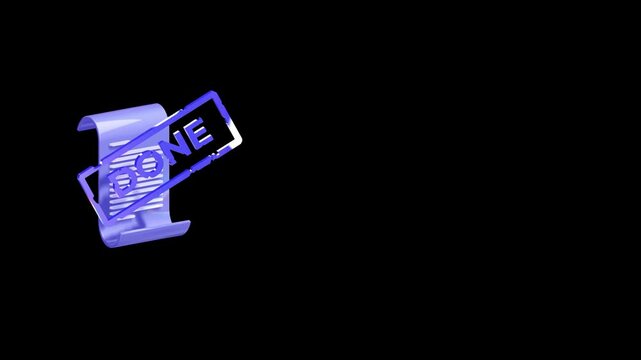 Blue translucent DONE stamp and document scroll 3D icon floating in the corner of a black frame for business approval and project finalization
