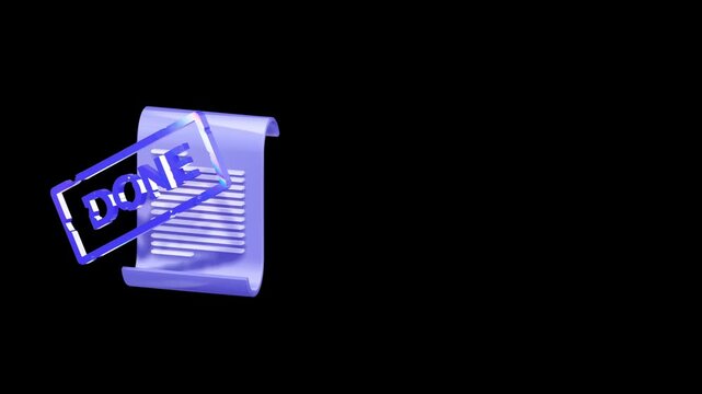 Business document icon with a blue DONE stamp positioned in the left frame with extensive black copyspace for corporate presentation and success