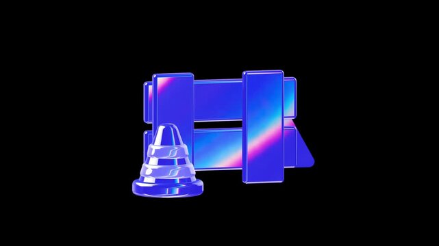 Construction barrier icon with a blue safety cone and wooden fence planks rendered in a 3D glass style with holographic reflections on a black background